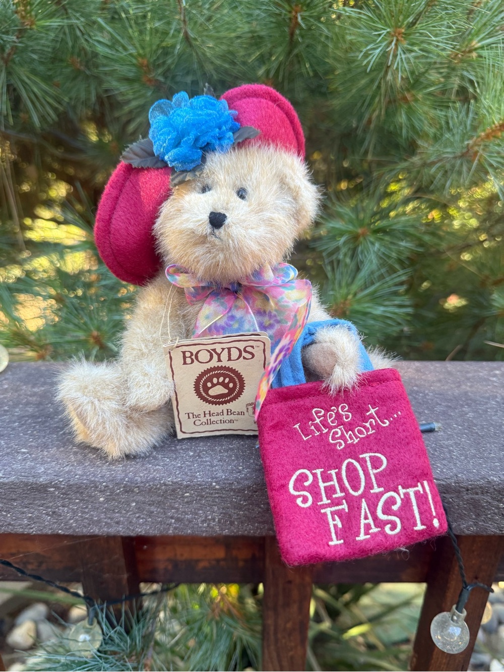 Boyds Bears Tan Plush with Pink Hat, Pink Shopper Bag and Blue Flower